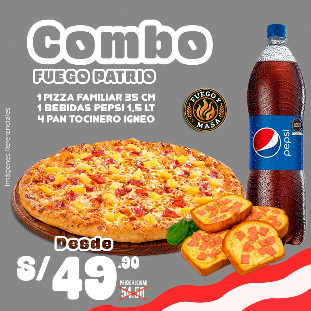 Combo fuego patrio (familiar + pepsi 1.5 + 4 pan tocinero ígneo)