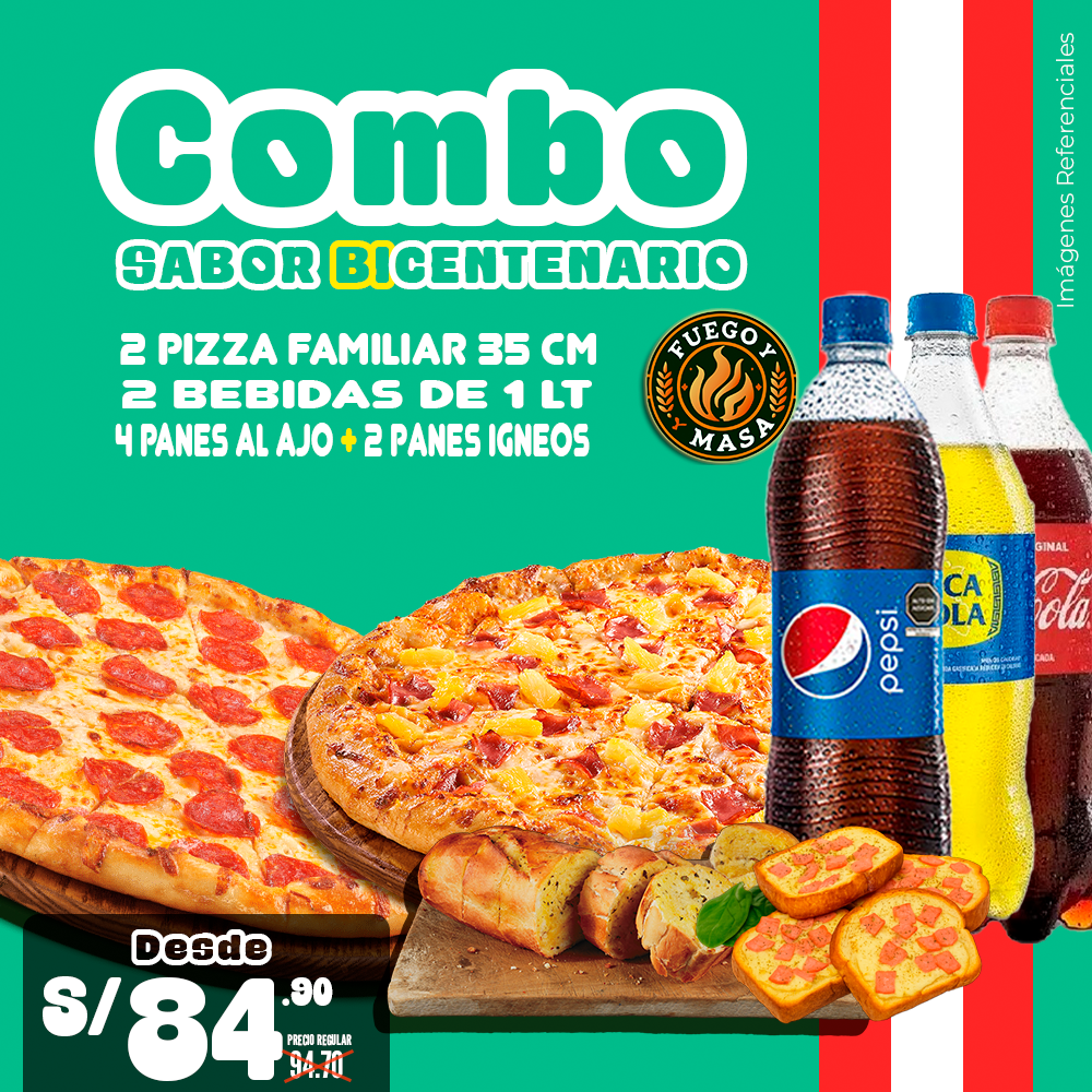 Combo sabor bicentenario(2 pizzas familiares + 2 bebidas de 1L + 4 panes al ajo + 2 panes ígneos)